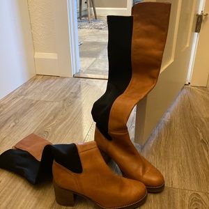 Free people thigh high boots. Leather front cloth back.  8-8.5 US, 3” heel.